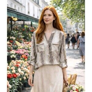 Y2K Snake Print Hi Lo Silky Top L Petite Zip Pocket Brown Beige Roll Tab Safari